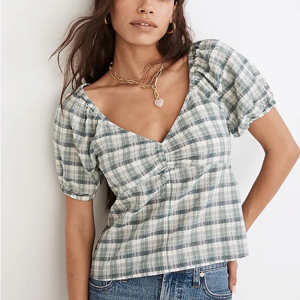 Medium Madewell Plaid Puff Sleeve Ruched Bodice Top